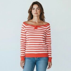 L-RL Ralph Lauren XS Stripe Cotton Pullover Sweatshirt Red White Nautical Casual
